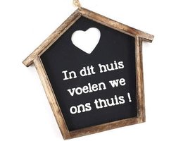 Tekstbord - In dit huis voelen we ons thuis! - huisje naturel, zwart, wit - 21cm