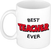 Best teacher ever cadeau mok / beker wit met rode cartoon letters - 300 ml - keramiek - verjaardag - cadeau leraar / lerares / meester / juf