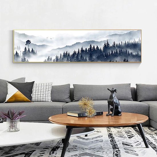Allernieuwste Canvas Schilderij XL Mistig Berg Landschap - Kunst - Realistisch - Natuur - 50 x 200 cm - Kleur