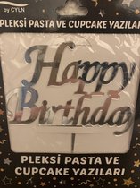 Happy birthday taartdecoratie / versiering / taart / cake / verjaardag zilver kleur taarttopper