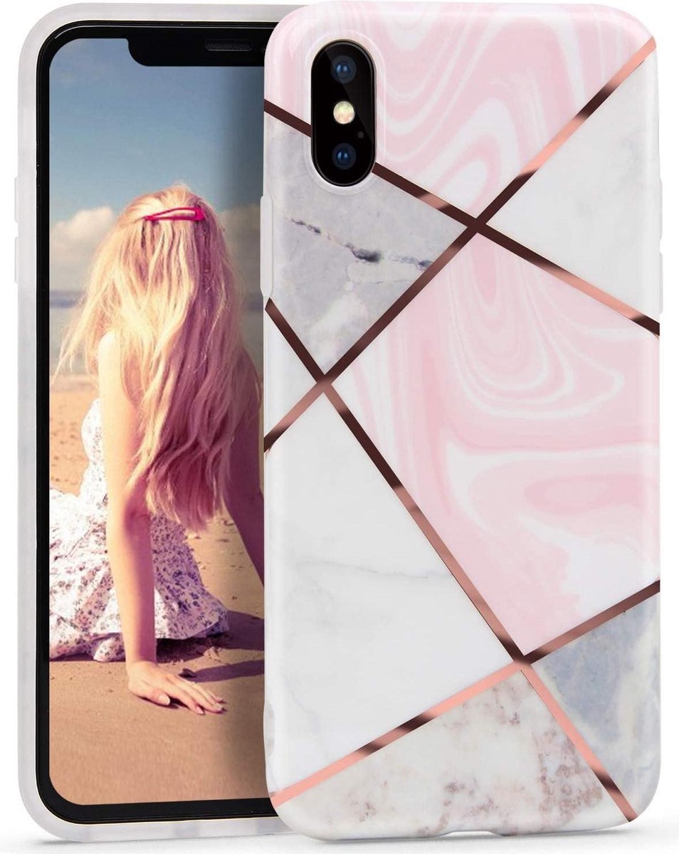 Geschikt voor Apple iPhone X - XS - Wit - Roze - Marmer - Soft TPU