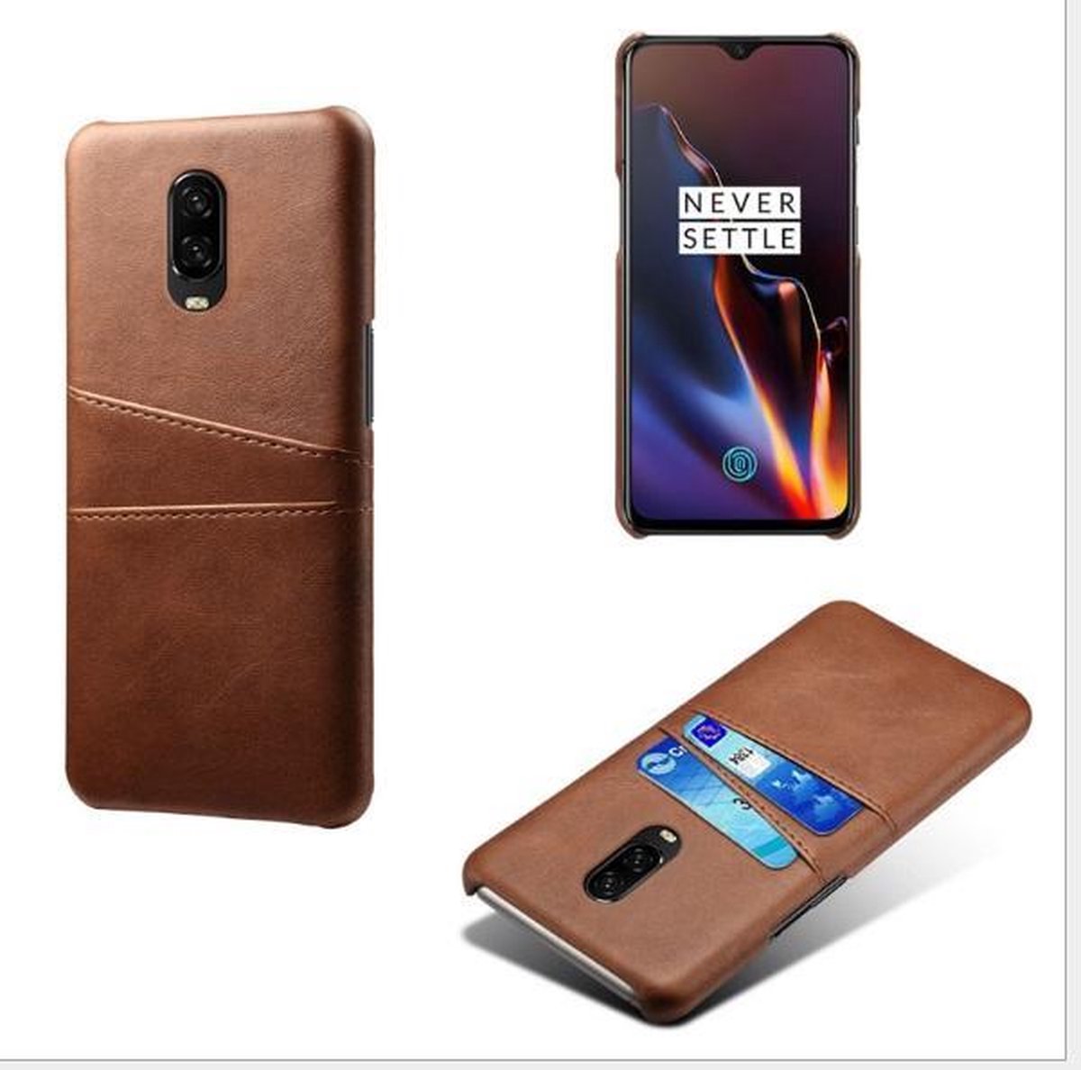 Back Cover met Opbergvakjes + Gehard Glas Screenprotector voor OnePlus 7 _ Donkerbruin