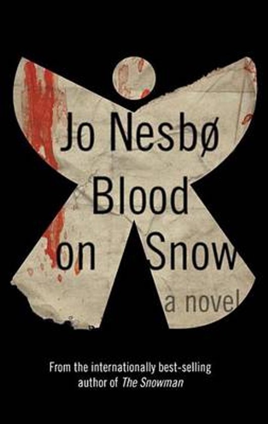 Boek "Blood on Snow" van Jo Nesbø, met een X-vormig design bedekt met bloedvlekken.