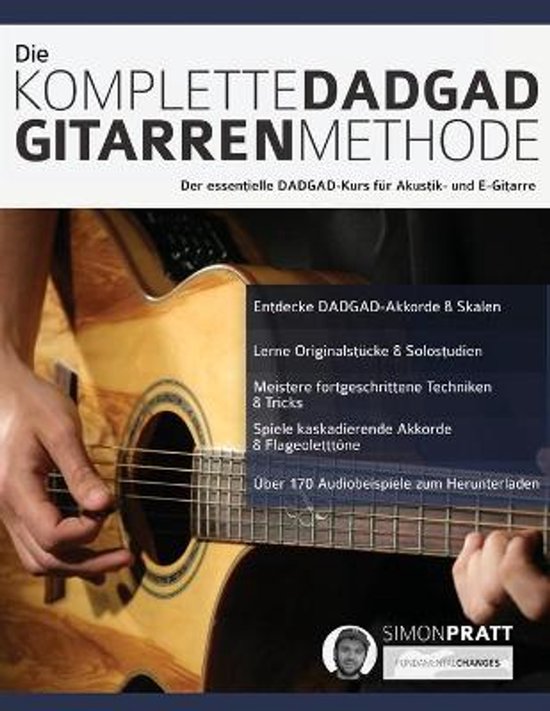 Boek "Die komplette DADGAD Gitarrenmethode" met een akoestische gitaar op de voorgrond.