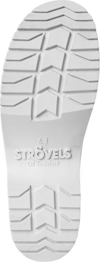 Onderkant van een witte Stövels klomp met een grof profiel en merknaam.