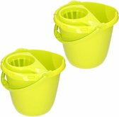 2x stuks groene dweilemmer/mopemmer 15 liter 38 x 34 cm - Vloer reinigen - Kunststof/plastic dweil emmer