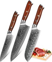 Ensemble de 3 Couteaux de cuisine de Luxe et professionnels en acier damas (67 couches, VG10) et manches en palissandre| Xinzuo B13 Yu | Couteau de chef + couteau Santoku + couteau à légumes