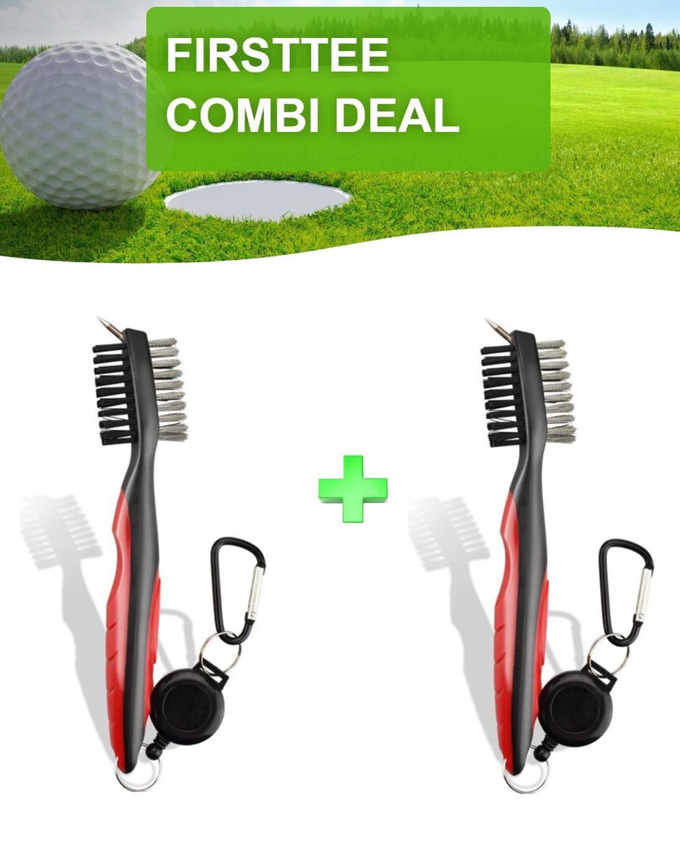 Firsttee LUXE Schoonmaakborstel golfclub - 1+1 COMBI DEAL - INCL. ophangsysteem - Staal borstel - Schoonmaak Brush - Cleaner - Golf accessoires - Cadeau - Golfballen - Golftrainingsmateriaal - Sport - Training - Golfset - Trolley - Tees - Golftas