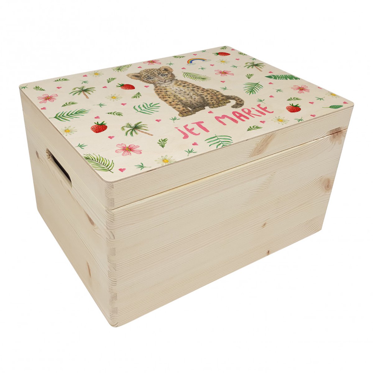 World of Mies memorybox Baby luipaard met naam - Houten herinneringskist 30 x 40 x 23 cm - met handvaten - hoogwaardige kleurenprint in het hout - handgeschilderd design door Mies