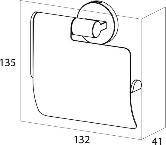 Technische tekening van een chroomkleurige toiletrolhouder met klep en afmetingen.