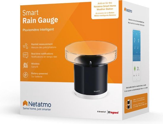 Doos van de Netatmo Slimme Regenmeter met Nederlandse en Franse tekst. Centraal de zwarte regenmeter met glazen trechter.