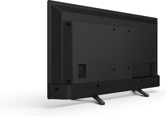 Achterkant van een zwarte Sony TV, schuin van links.