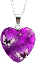 Verzilverde Bedel  Vlinder | Bedel Hanger |  Ketting Roze / Paars | Hart Sierraad