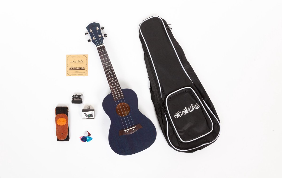 Donker Blauwe Concert Ukelele, volledig pakket