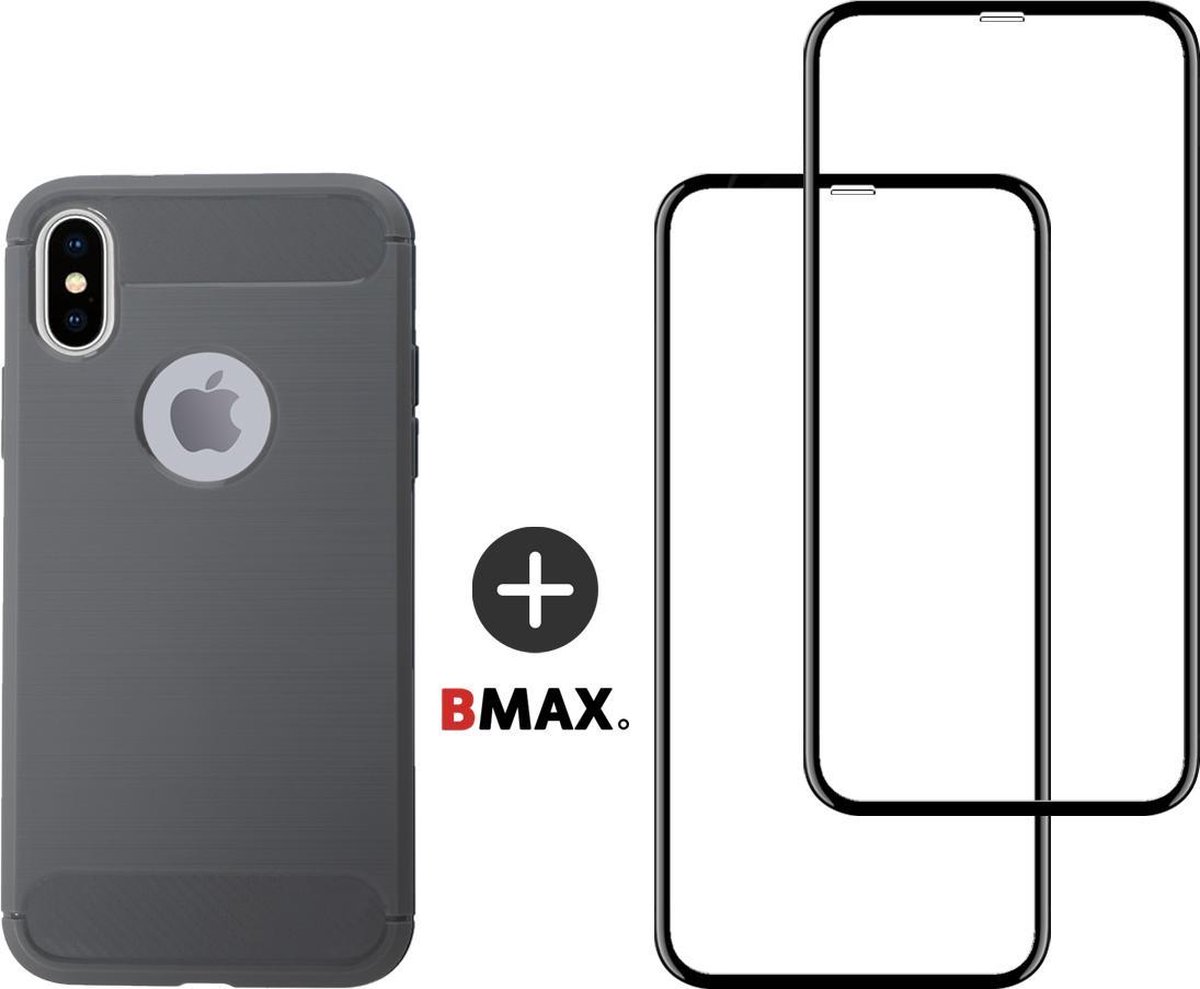BMAX Telefoonhoesje geschikt voor iPhone X - Carbon softcase hoesje grijs - Met 2 screenprotectors full cover