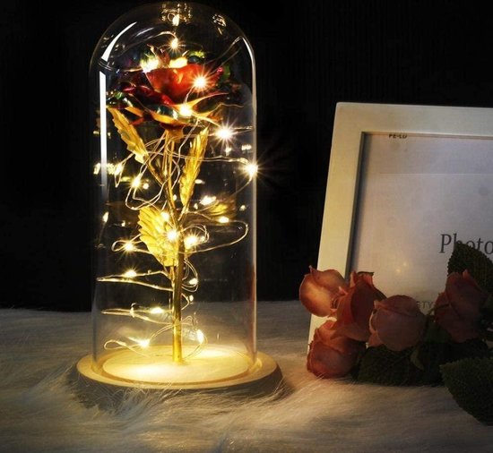 Gouden decoratie roos in stolp - Met LED verlichting