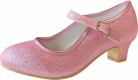 Foto: Spaanse prinsessen schoenen roze glitter maat 32 binnenmaat 21 cm communie schoentjes hakken bruidsmeisje