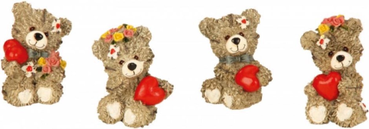 Beertjes met hartje | setje van 4 | steen keramisch | 6,5 cm hoog | decoratie | bruiloft, Moederdag, Valentijn