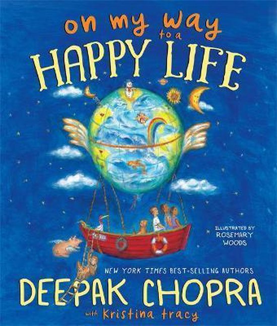 Boekomslag met de titel 'On my way to a Happy Life'. Een ballon in de vorm van de aarde, met een mand eronder waarin kinderen zitten.