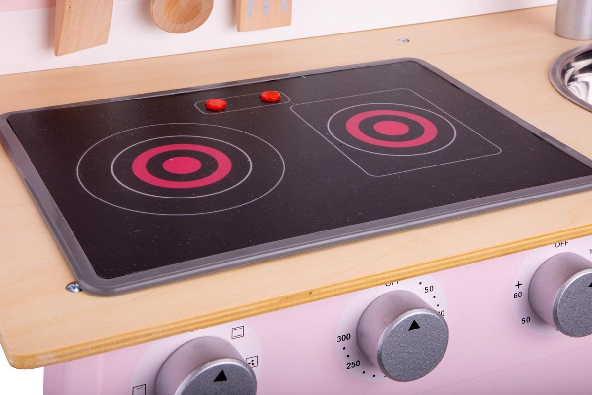 Woet® Houten Speelgoed Kinderkeuken - Speelkeukentje met Kookplaat met Licht en Geluid - Speelkeuken Roze met Diverse Accessoires - Werkbladhoogte 55 cm - Rollenspel - Vanaf 3 Jaar — afbeelding 7