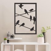 Wanddecoratie - Vogels Op Draad - Dieren - Hout - Wall Art - Muurdecoratie - Woonkamer - Zwart - 83.5 x 59 cm