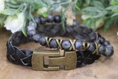 Handgemaakte heren armbanden kralen en leer armband zwart grijs mt L- Sieraden sjoppie