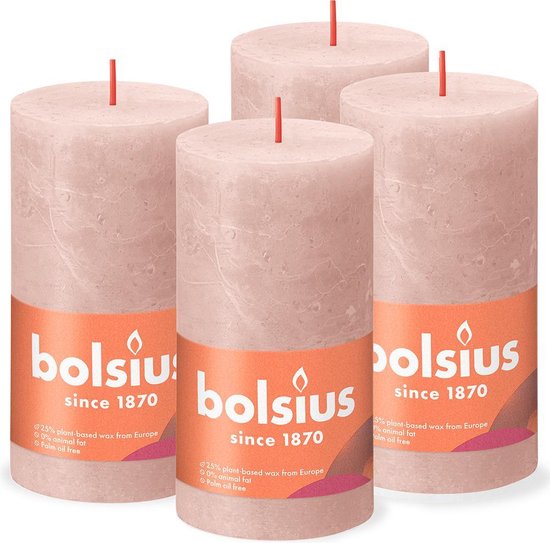 Bolsius - Bougie rustique - Rose poudré - 13cm - 4 pièces