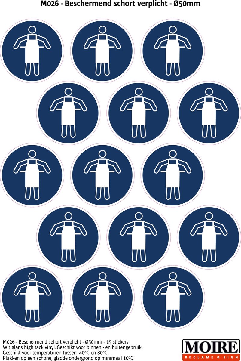 Pictogram sticker 75 stuks M026 - Beschermend schort verplicht - 50 x 50 mm - 15 stickers op 1 vel