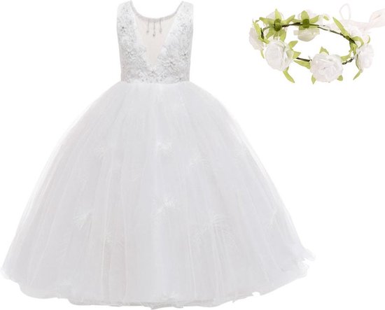 Communie jurk Bruidsmeisjes jurk wit Classic Deluxe 122-128 (130) prinsessen jurk feestjurk meisje + bloemenkrans