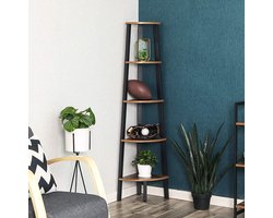 hoeklegbord, boekenkast met 5 legborden in industriële uitvoering, ladderrek met metalen frame, voor woonkamer, kantoor, vintage, donkerbruine LLS35X