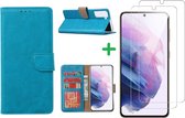 Samsung Galaxy S21 Plus hoesje wallet case Blauw - Galaxy s21 Plus hoesje bookcase portemonnee book case hoes cover hoesjes met 2 pack Screenprotector