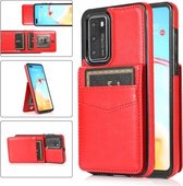 Voor Huawei P40 effen kleur pc + TPU beschermhoes met houder en kaartsleuven (rood)