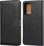 Vlakke structuur rundleer horizontale flip case met magnetische sluiting & houder & kaartsleuven & portemonnee voor Samsung Galaxy A42 5G (zwart)