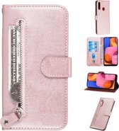 Voor Galaxy A20s Mode Kalf Textuur Rits Horizontale Flip PU Lederen Case, met Houder & Kaartsleuven & Portemonnee (Rose Goud)