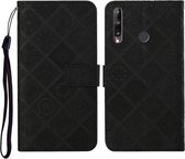 Huawei P40 lite E / Y7p etnische stijl reliëf patroon horizontale flip lederen tas met houder & kaartsleuven & portemonnee & lanyard (zwart)