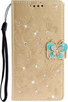 Voor Galaxy S20 Plus Diamond Encrusted Butterflies Love Flowers Pattern Horizontale Flip lederen tas met houder & kaartsleuven & portemonnee & lanyard (gouden)