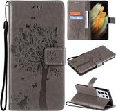 Voor Samsung Galaxy S21 Ultra 5G Tree & Cat Pattern Pressed Printing Horizontale Flip PU Leather Case met houder & kaartsleuven & portemonnee & Lanyard (grijs)