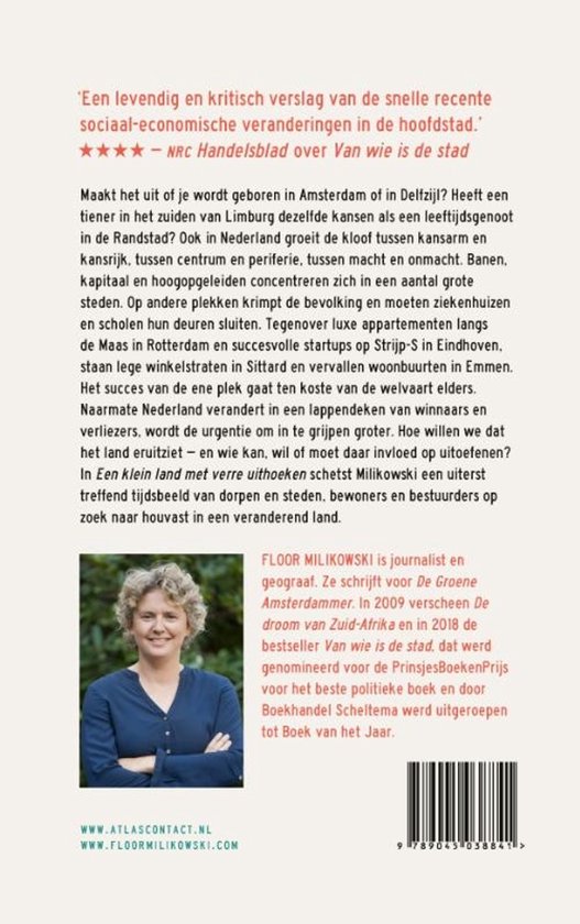Foto van Floor Milikowski met op de achtergrond tekst over het boek 'Een klein land met verre uithoeken'.