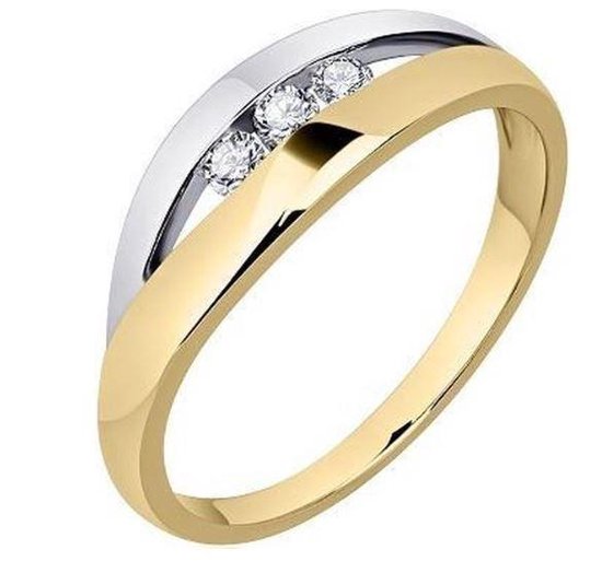 Schitterende 14 Karaat Geel Wit Gouden Bicolor Ring met Zirkonia's 19.00 mm. (maat 60) |Aanzoeksring