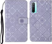 Voor OPPO Reno3 etnische stijl reliëf patroon horizontale flip lederen tas met houder & kaartsleuven & portemonnee & lanyard (paars)