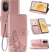 Voor Huawei Nova 8 vierbladige gesp reliëf gesp mobiele telefoon bescherming lederen tas met lanyard & kaartsleuf & portemonnee & beugel functie (rose goud)