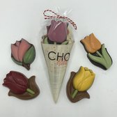 Cho-lala puntzakje chocolade tulpen - uitdeelcadeaus - chocolade cadeau - give away - 60 gram chocolade tulpen - Hollandse tulpen