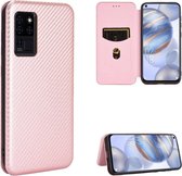 Voor Oukitel C21 koolstofvezel textuur magnetische horizontale flip TPU + pc + PU lederen tas met kaartsleuf (roze)