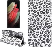 Voor Samsung Galaxy S21 Ultra 5G Leopard Pattern Horizontale Flip Leather Case met houder & kaartsleuven (wit)