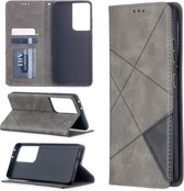 Voor Samsung Galaxy S21 Ultra 5G Rhombus Texture Horizontale Flip Magnetische Leren Case met Houder & Kaartsleuven (Grijs)