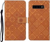 Voor Samsung Galaxy S10 + etnische stijl reliëf patroon horizontale flip lederen tas met houder & kaartsleuven & portemonnee & lanyard (bruin)