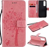 Voor Huawei Nova 7 Tree & Cat reliÃ«fpatroon Horizontale flip lederen tas met houder & kaartsleuven & portemonnee & draagkoord (roze)