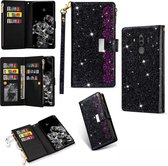 Voor Huawei Mate 10 Pro Multi-kaartsleuven Sterrenhemel Lasergravure Glitter Rits Horizontale Flip Leren Case met Houder & Portemonnee & Lanyard (Zwart)