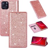 Voor iPhone 11 Pro Max ultradunne glitter magnetische horizontale flip lederen hoes met houder en kaartsleuven (rosÃ©goud)