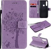 Voor Motorola Moto G Power Tree & Cat ReliÃ«fpatroon Horizontale Flip Leren Case met Houder & Kaartsleuven & Portemonnee & Lanyard (Lichtpaars)